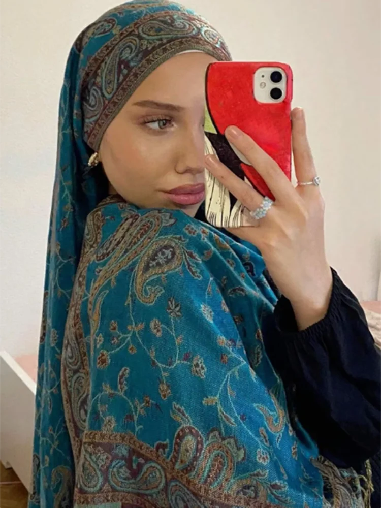 Ethnic Paisley Embroidery Hijab Scarf Retro Cashew Cotton Muslim Women Hijabs Scarf Wraps Ladies Elegant Shawls Turban Headscarf