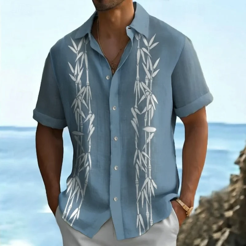 

Oriental Elegance Bamboo Print Short Sleeve Shirt Stylish Gentle Casual Outfit Wear For Summer Beach And Vacation Looks