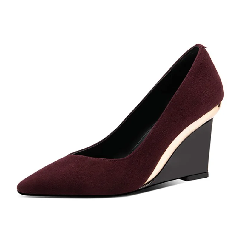 ANNYMOLI Women Gneuine Leather Pumps Fashion Wedge Heels Pointed Toe High Heels Spring Autumn Shoes Black Wine Red 34-39