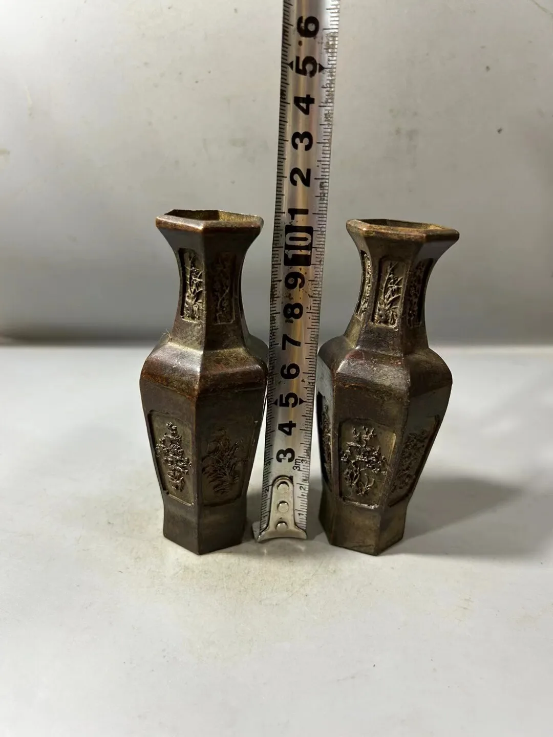 Old Tibetan Pair of Alloy Meilan Zhuju Vases Fine Craftsmanship Antique Collection Home Display Perfect Gift for Collectors