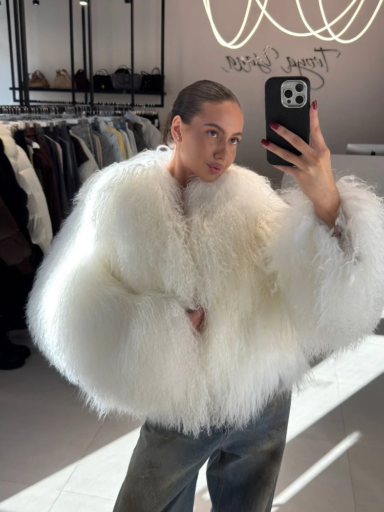 Women Faux Fur Cropped Coat Elegant Collarless Long Sleeve Loose Warm Jacket 2025 Winter Fashion Y2k High Street Parkas Outwear