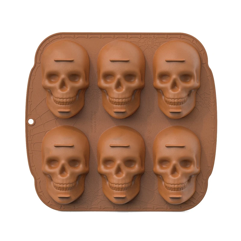 Halloween Skull Cake Pan Silicone Mold, 6 Cavities Pirate Skull 3D Silicone Mold Baking Pan,Brown Durable Easy To Use