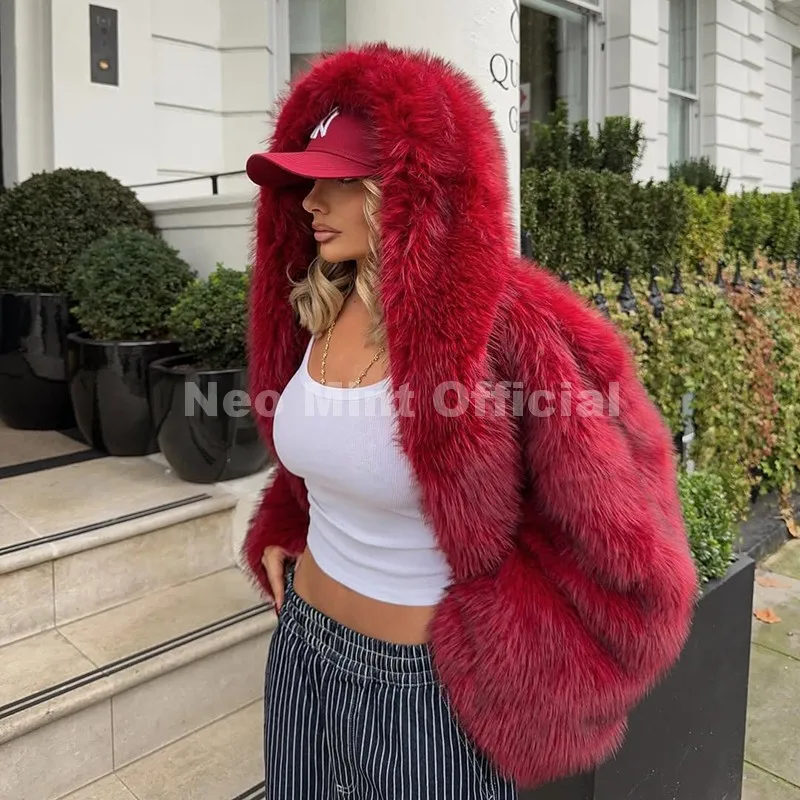 Neo Mint Y2k Brand Fashion Christmas Red Hooded Faux Fur Coat