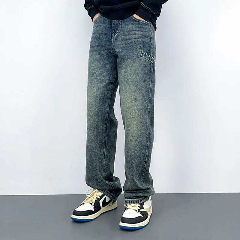 Autumn and Spring Fashion Trend American Vintage Straight Leg Elastic Denim Pants for Men Casual Loose Sports High Quality Pants