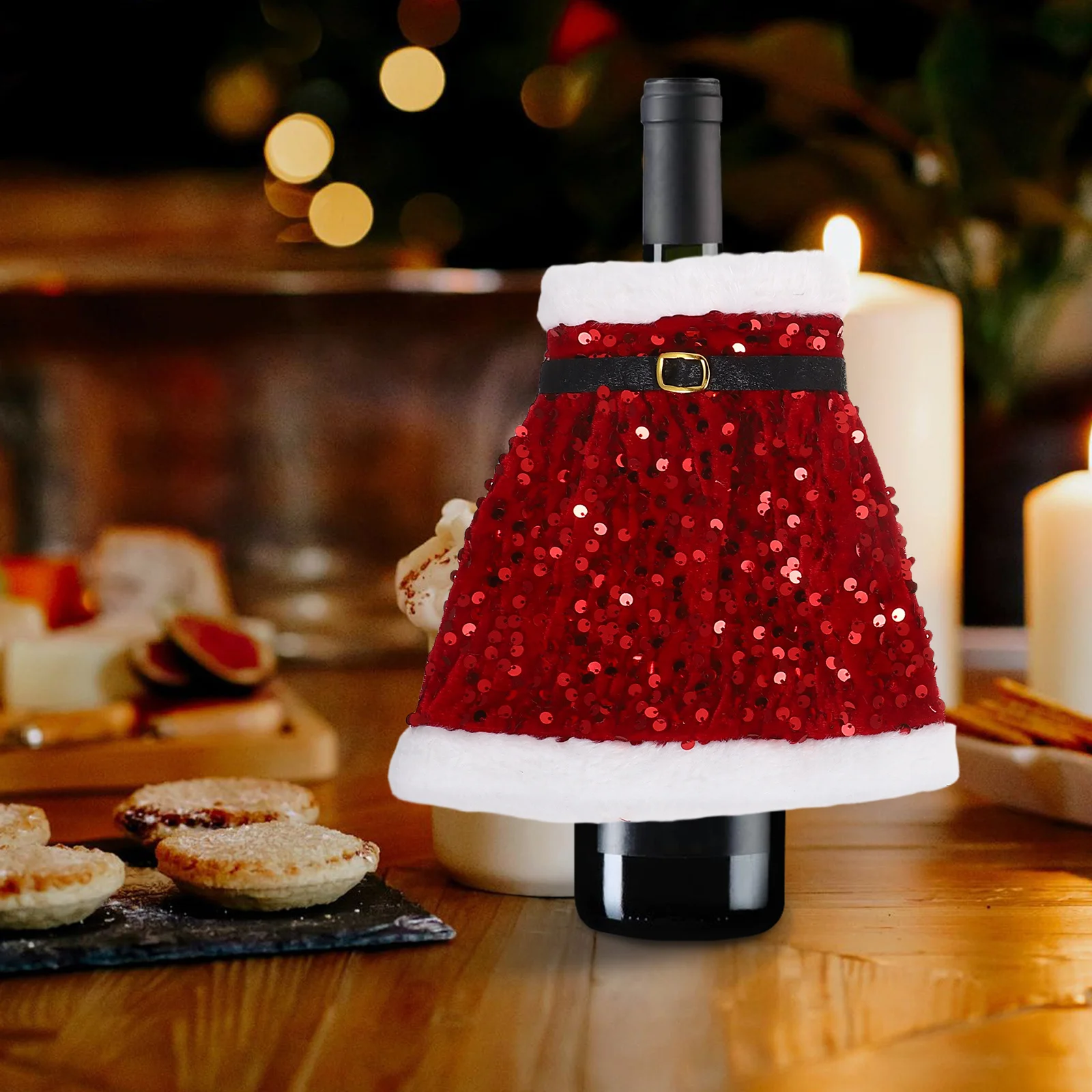 غطاء فستان لزجاجة نبيذ عيد الميلاد مزين بالترتر وقطعة مركزية لطاولة عيد الميلاد وحامل الهدايا وواقي الأكمام
