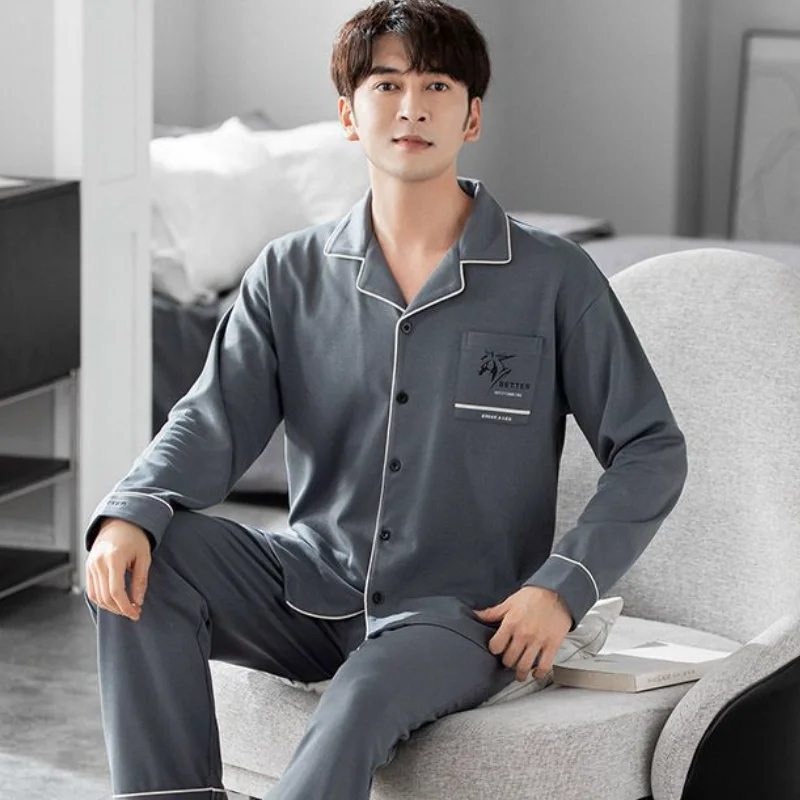 

Man Pajama Set Pure Cotton Large Size Nightgown Men Homewear Leisure Shirt Loose Bath Robe New Autumn Sweatshirt Business Attire