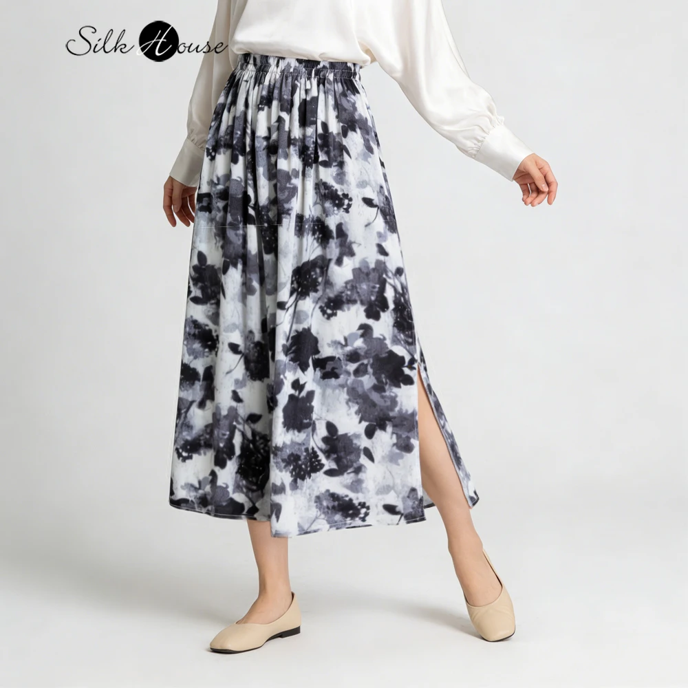 

Женская повседневная летняя юбка 2026 года из 100% натурального шелка креп-де-шин с художественным принтом и эластичной талией, с боковым разрезом