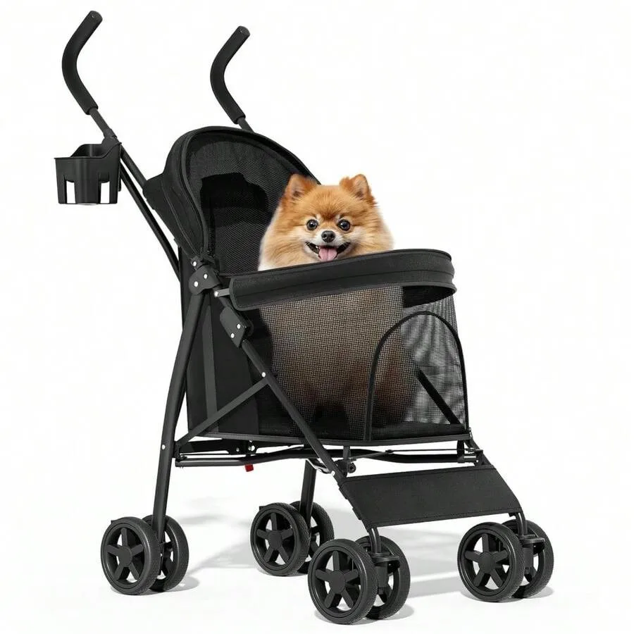 【New style】4 Wheels Pet Stroller, Easy-Fold Puppy Cage Jogger Stroller With Sun Cover, Pad And Rear Storage Bag, Breathable And