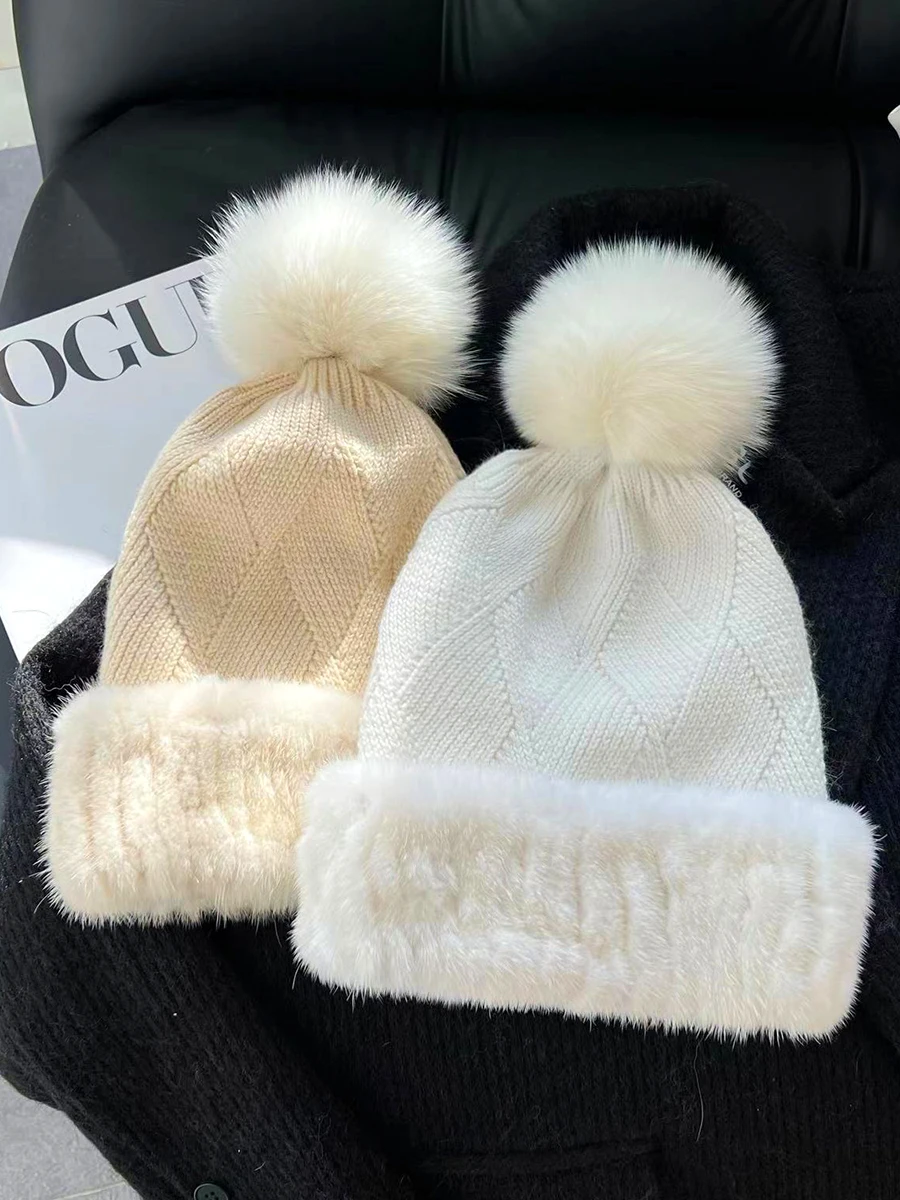 Luxury Brand Hot Sale Winter Hat Natural Mink Fur For Women Knitted Hat Cap Fox Fur Pompom Real Fur Hats Warm Female Beanie Hat