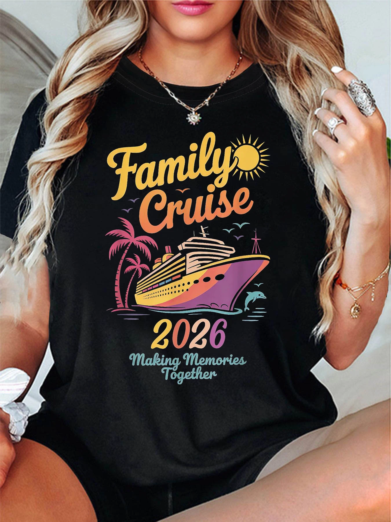 

Women's Short Sleeve T-shirt Family Cruise 2026 Letter Print Crew Neck Casual Daily Atmosphere Top For Summer & Spring