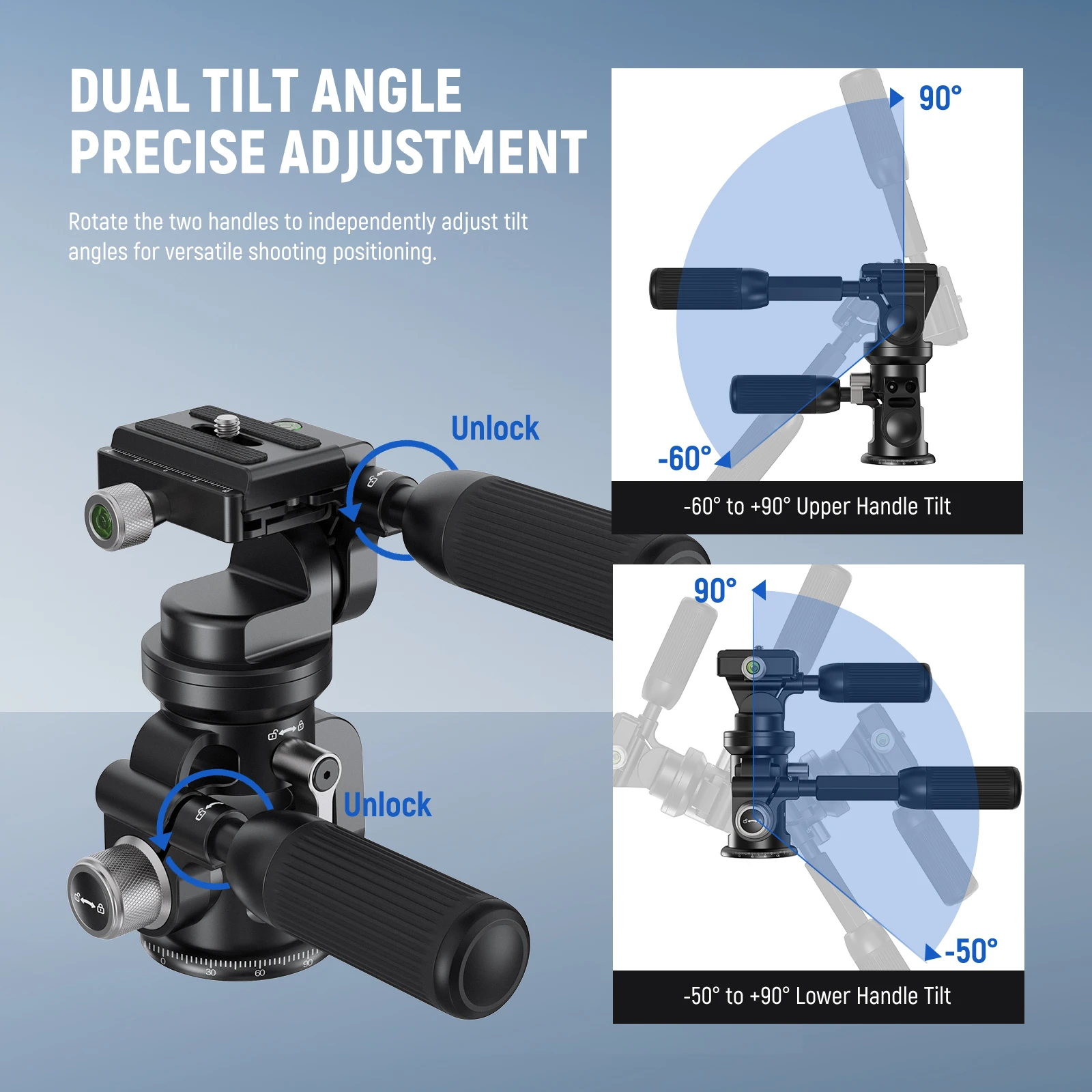 NEEWER 3 Way Tripod Head Pan/Tilt with ±15° Leveling Bowl Base 3 Axis Photography Fluid Head with Precise Damping Friction