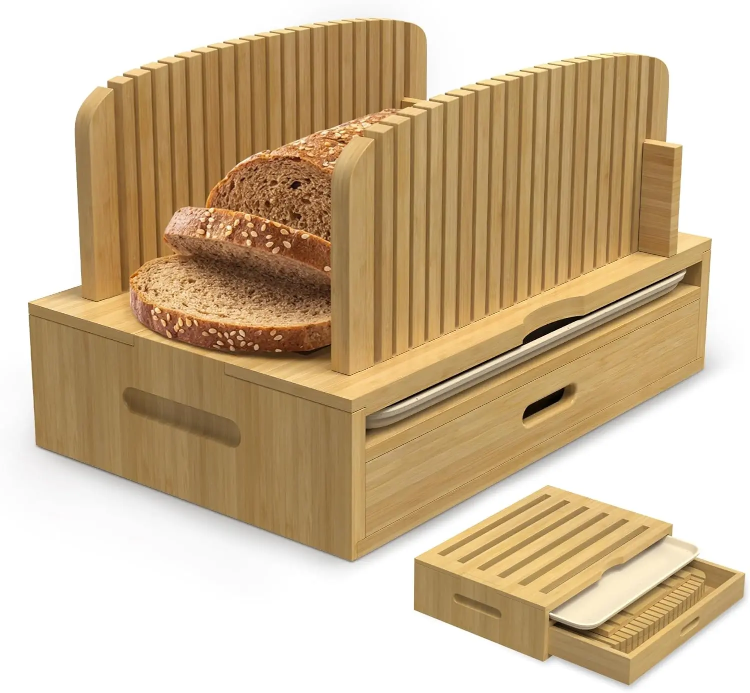 

Bamboo Bread Slicer Guide, Adjustable Foldable Bread Cutter with Crumb Tray for Homemade Loaf