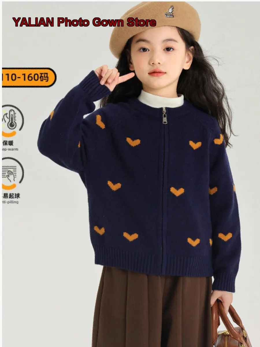 Pudding Haru Girls Cardigan Kids Winter Heart Pattern Anti-Pilling Knit Cardigan Solid Color Warm Coat