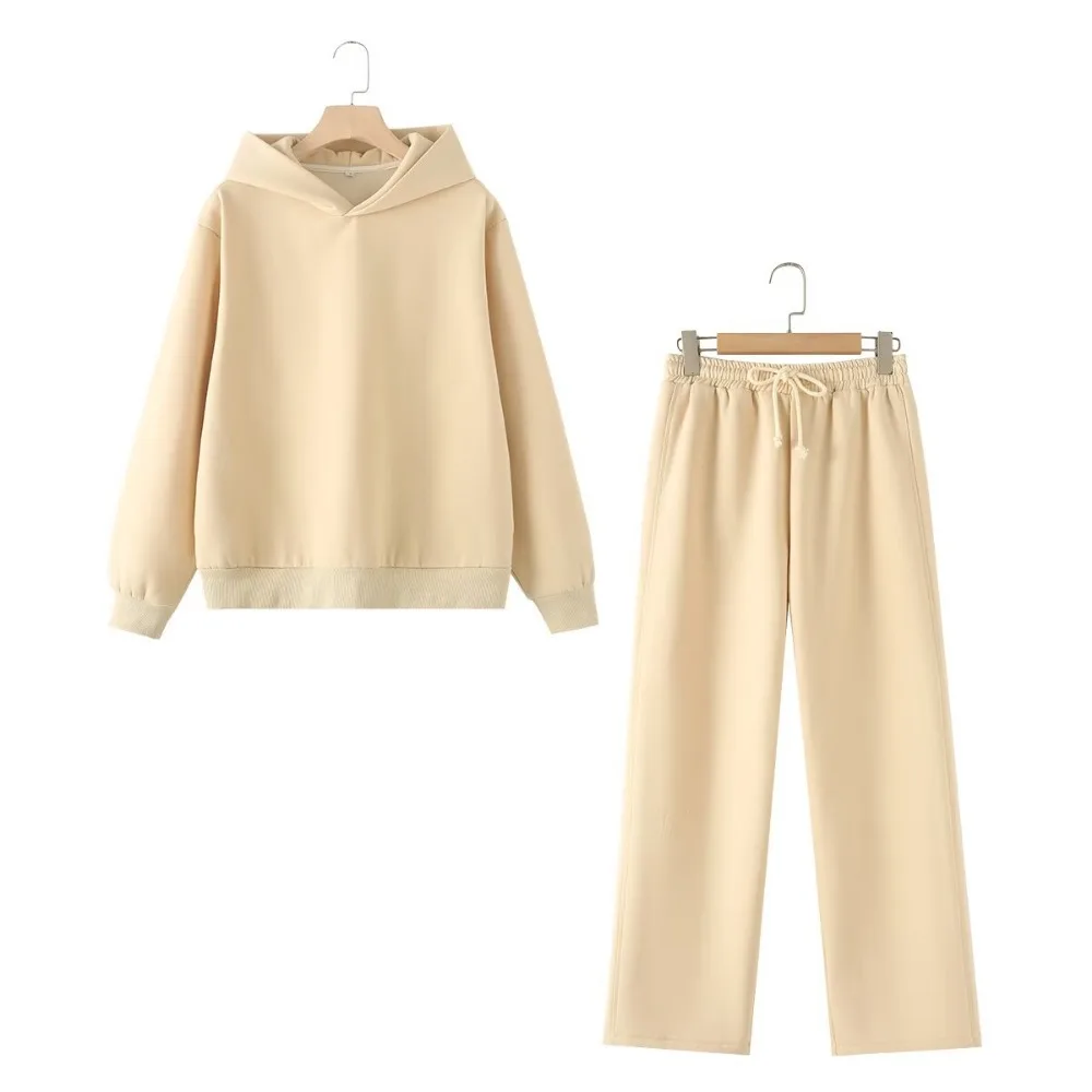 TRAF ZR Combi-pants Plush 2 Piece Sets Womens Outfits Oversize Hooded Sweatshirt with Rib Trim Elastic Waistband Wide Leg Pants