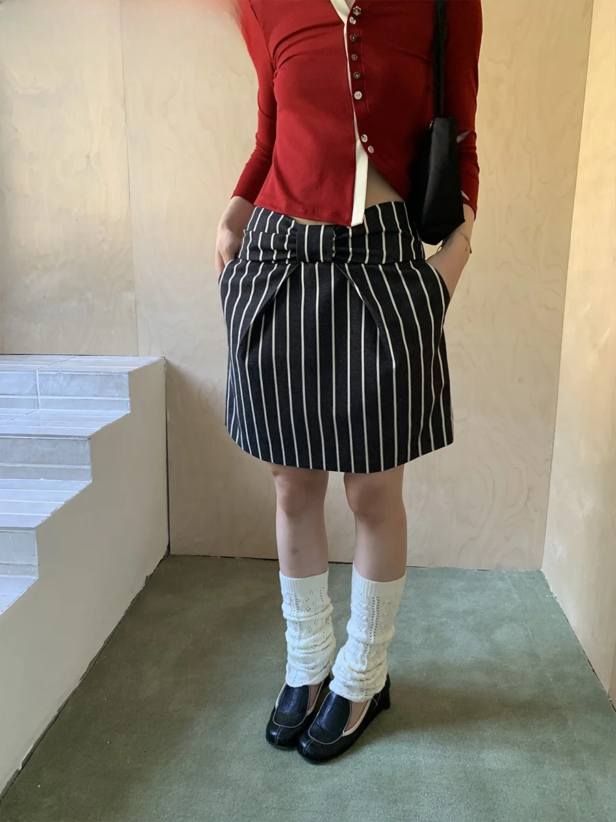 

Ele Bla Stripe Straight Skirt with Knot Casual Sle Polyester Cotton Blend mid Waist A-Line Skirt for Women