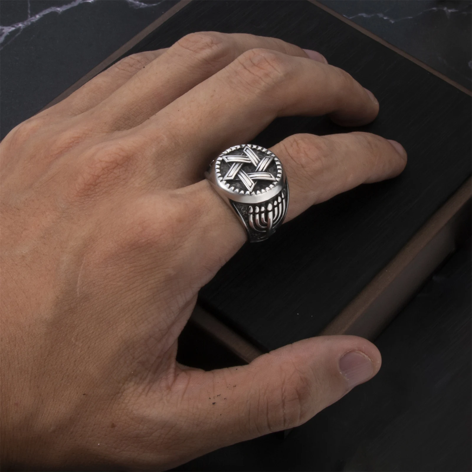 Men\'s Vintage Star of David Ring Seal of Solomon Hexagram Star Symbol Jewelry Size 8-13