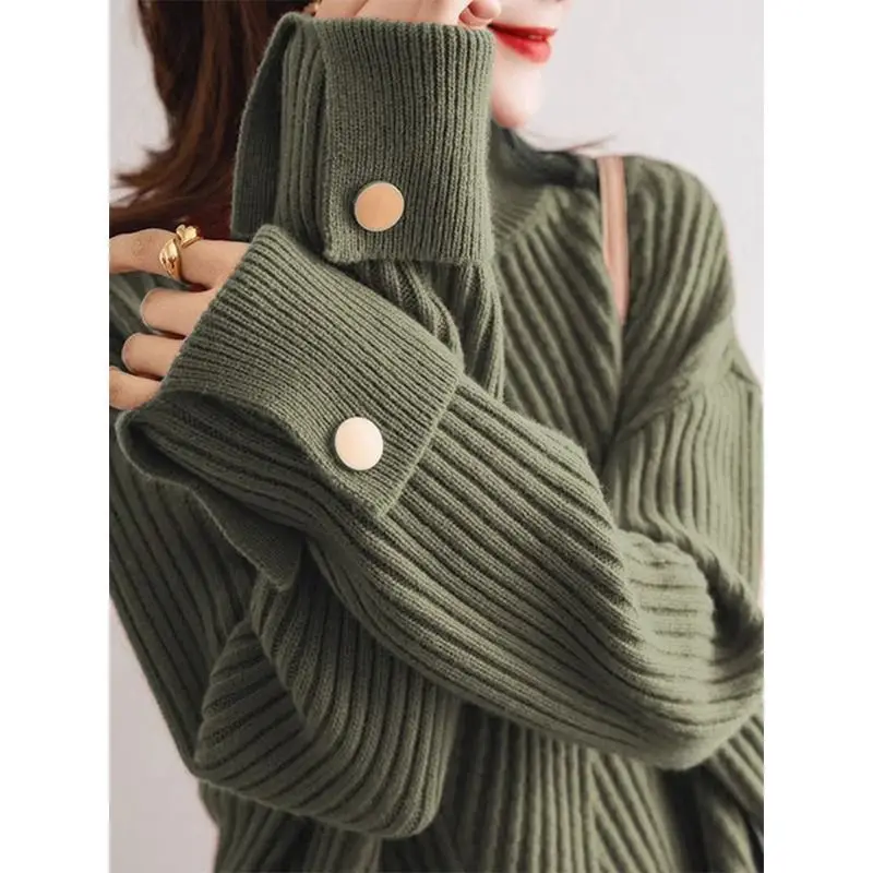 Autumn Winter Solid Color Half Height Collar Ladies New All-match Fashion Knitting Pullovers Women Clothes Loose Buttons Sweater