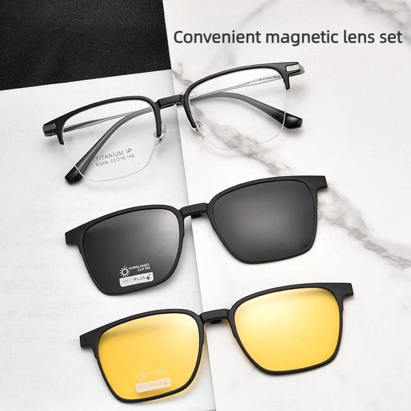 

New Titanium Alloy Magnetic Myopia Prescription Men Sunglasses Day/Night Use Square Driving Fishing Polarized Sunglasses UV400