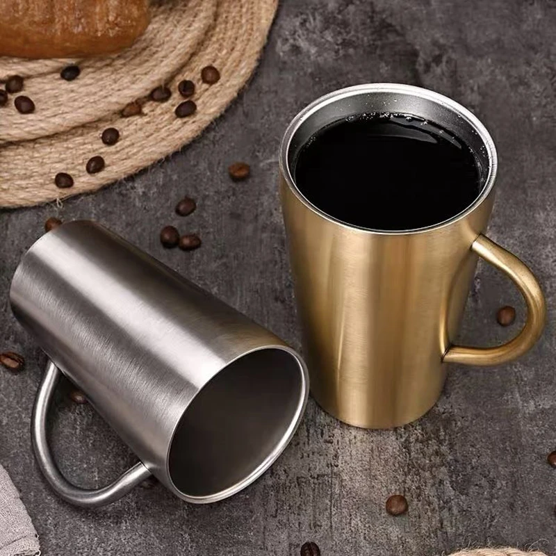 

Double Walled Coffee Mug 304 Stainless Steel Tea Cup Travel Camping Handle Mugs Heat Insulation Anti-scald Household Kitchenware