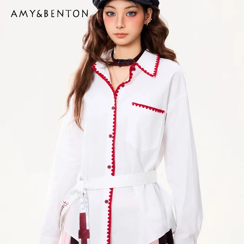 

American Retro Design Embroidered White Long-sleeve Women's Shirt 2026 Spring Autumn New Loose Versatile Cardigan Top Ladies