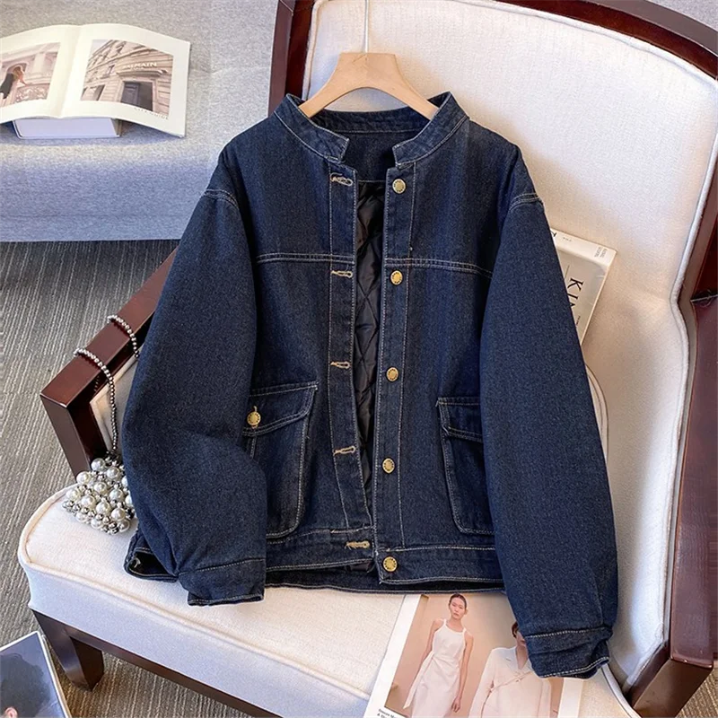 

Осень-зима женская толстая теплая хлопковая подкладка джинсовая куртка с большим карманом и воротником-стойкой однобортная ковбойская верхняя одежда с длинными рукавами