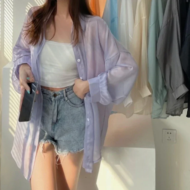 Women Shirt Long Sleeve Top Blouse Female Chiffon Loose Summer Cardigan Thin Sexy Solid Color Casual Shirt Outerwear Прозрачная