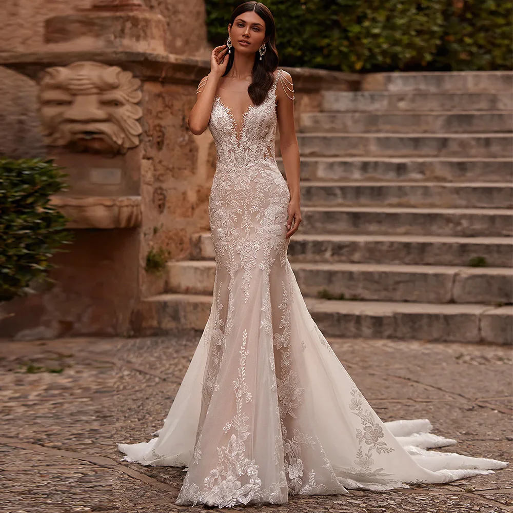 

Elegant Mermaid Appliques Robe de mariée Sexy Deep V-neck Bridal Gown Customized Backless Beading Wedding Dress For Woman Bride