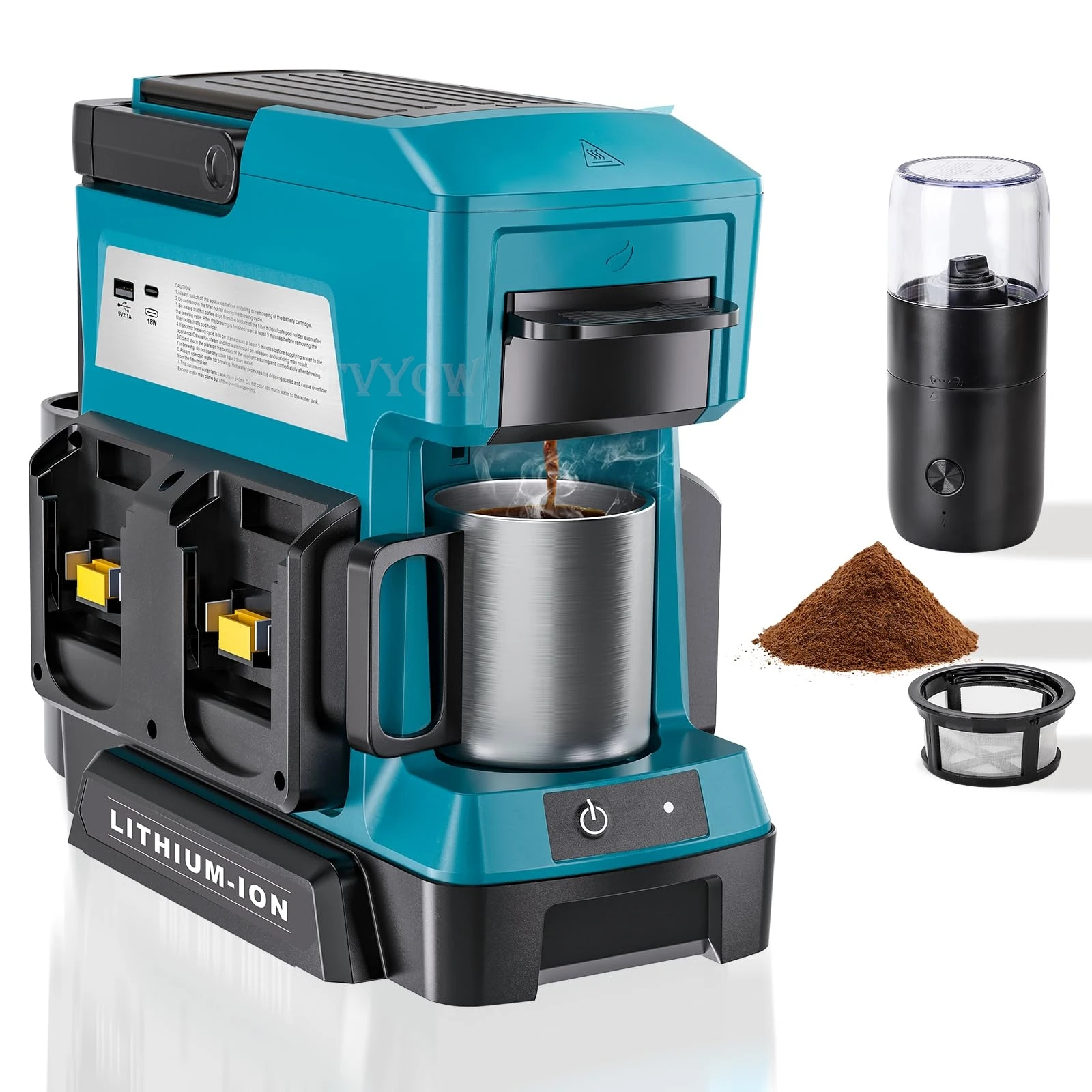 Draadloos koffiezetapparaat voor Makita 18V batterij, draagbaar druppelkoffiezetapparaat met elektrische koffiemolen voor campers kamperen reizen auto wandelen met USB/TYPE-C snellaadpoort