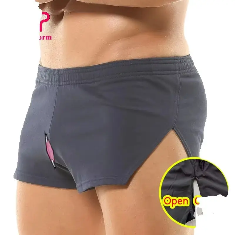 Male Sexy Hidden Zipper Open Crotch Pants Shorts U-Pouch Sporty Lounge Wear with Pocket Side Open Split Crotchless Clubwear
