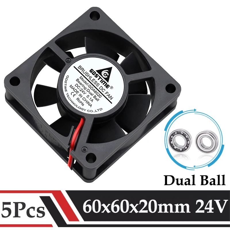 5Pcs/Lot Gdstime 24V 60x60x20mm 60mm Dual Ball DC Brushless Industrial Case Cooling 6020 6cm Axial Exhaust 3D Printer Cooler Fan