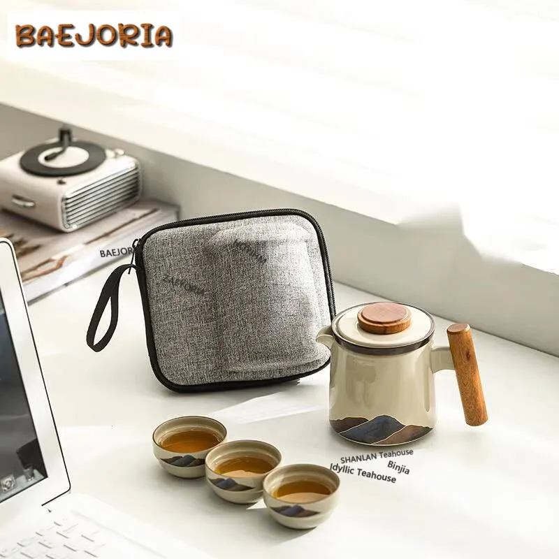 

Mountain River Grass Wood Grey Tea Set Kit 1 Pot 3 Cups Tea Brewing Camping Travel Tea Set Portable Tote Bag Tea Ceremony Craft