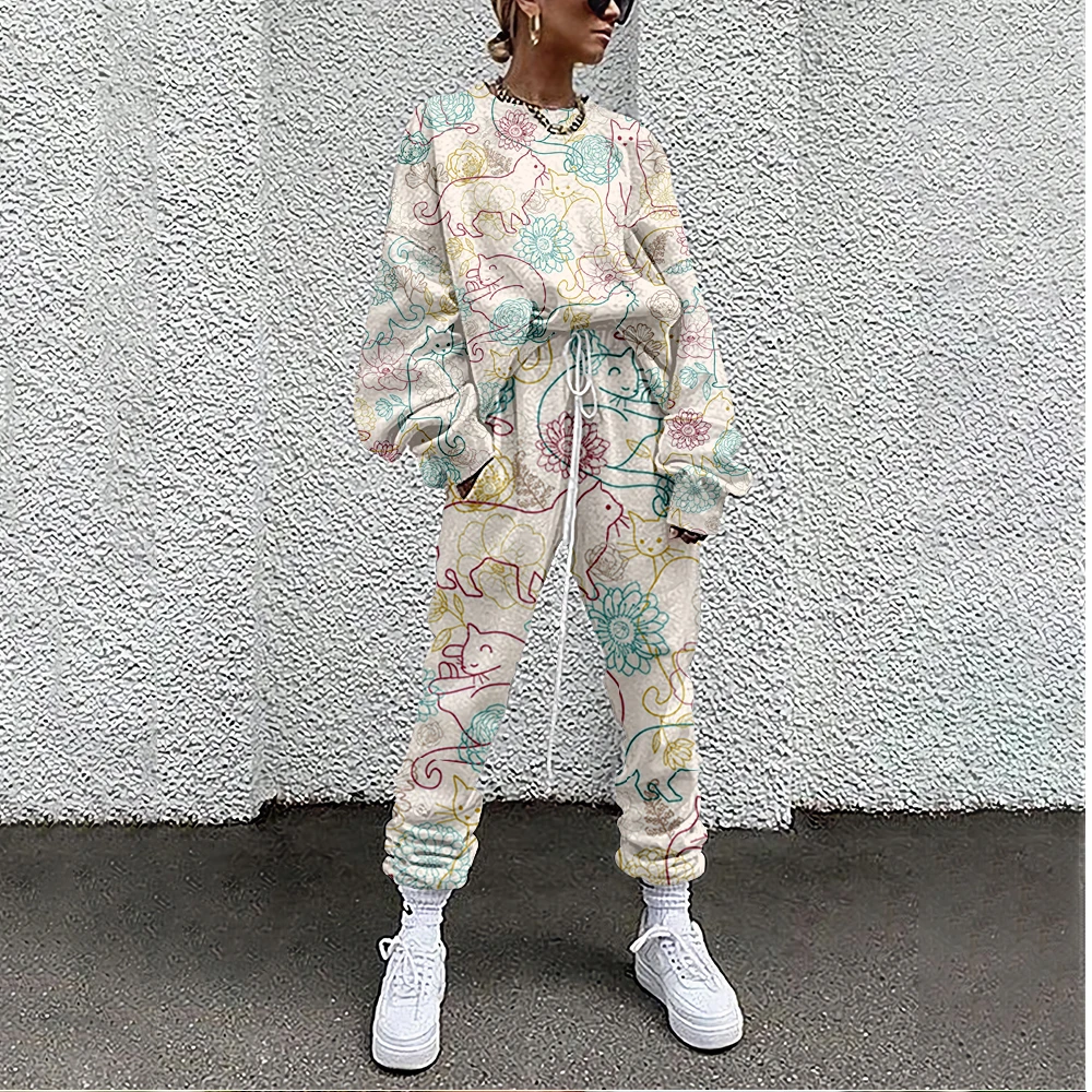 Women Tracksuit Cat Print 2 Piece Outfit Sweatshirt+Straight Sweatpants Matching Set Fitness Sporty Streetwear