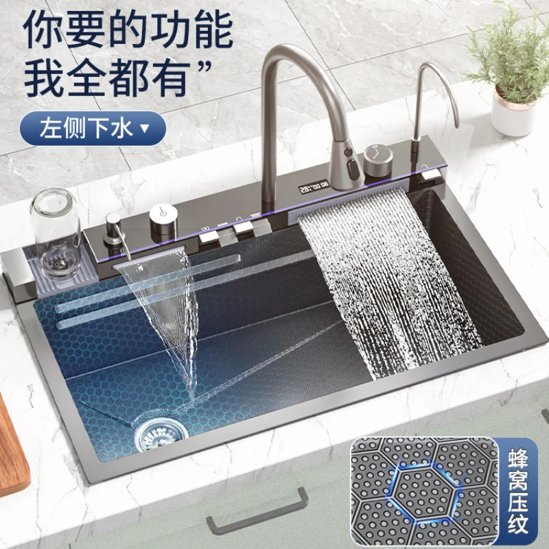 

304 stainless steel waterfall cloth rain sink, digital display, atmosphere light,left side of dish washing, drainage