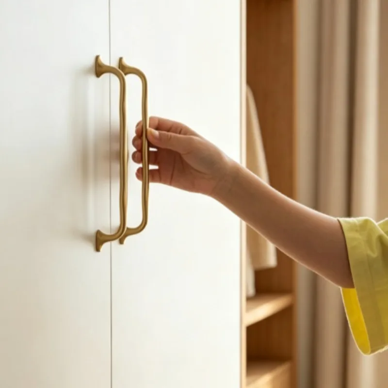 Matte gold solid brass drawer handle irregular wavy pull rod oval cabinet handle modern kitchen cabinet door