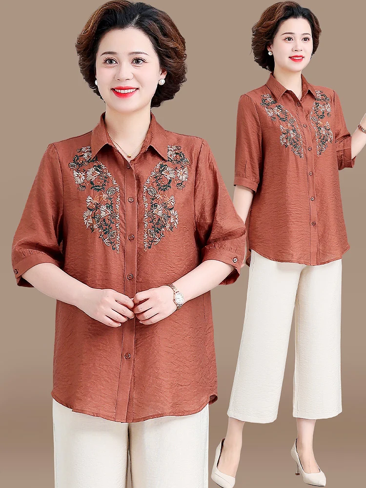 

Ladies Cotton Linen Embroidered Shirt Sleeveless Top Summer Fashion Mid-aged Women's Two-piece Set Comfortable Loose Fit Style