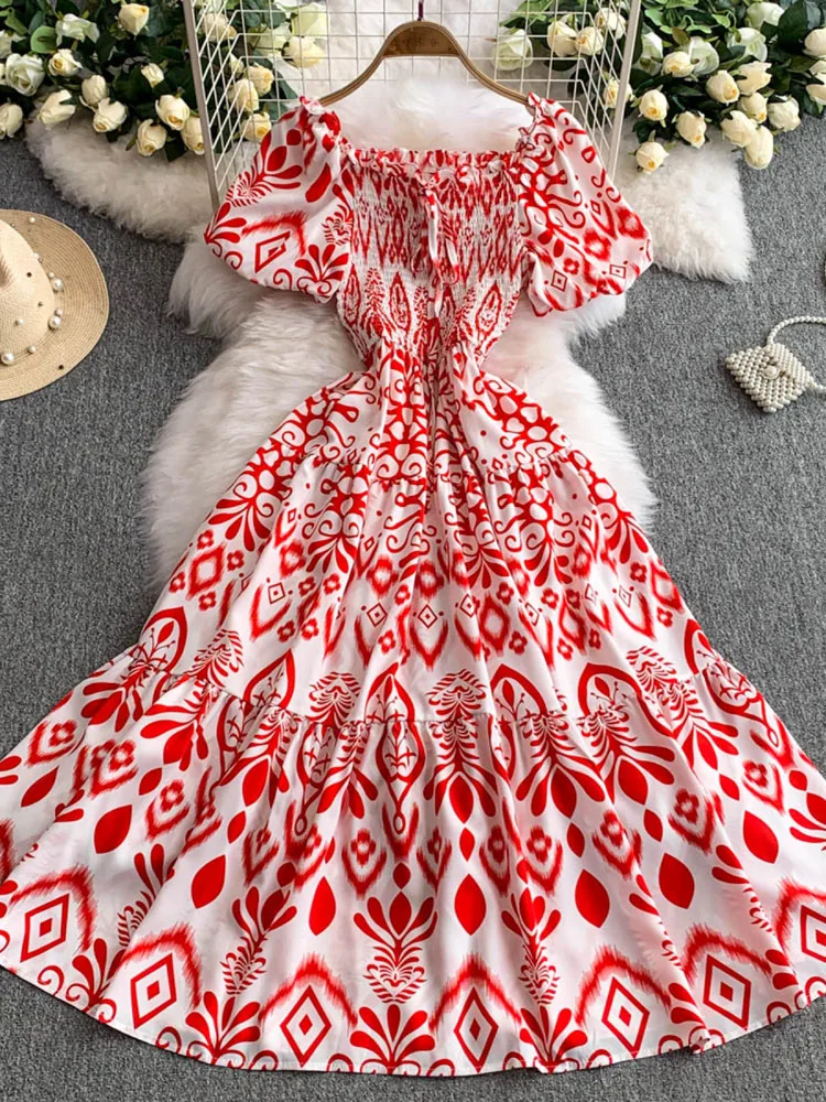 เดรสลายดอกไม้สไตล์เรโทร ทรงสี่เหลี่ยม แขนยาว สำหรับผู้หญิง ฤดูร้อน รุ่นใหม่ ทรงเข้ารูป กระโปรงทรงเอ เอวสูง ความยาวปานกลาง