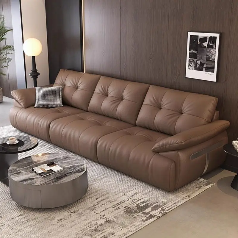 

leather sofa sofa living room small apartment light luxury Italian simple straight row modern leather art first layer cowhide