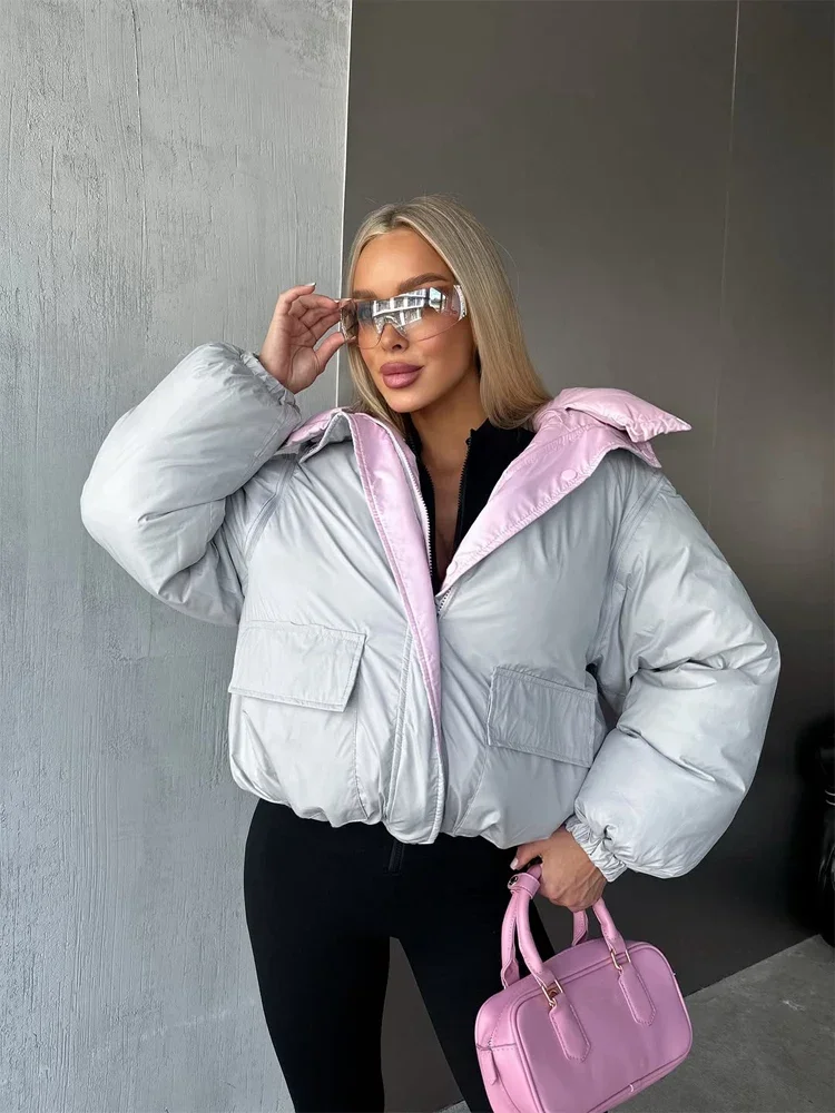 Hooded Puffer Jacket Padded Reversible Detachable Sleeves Stand Collar Zip Up Short Coat 2026 Women Winter Warm Coats