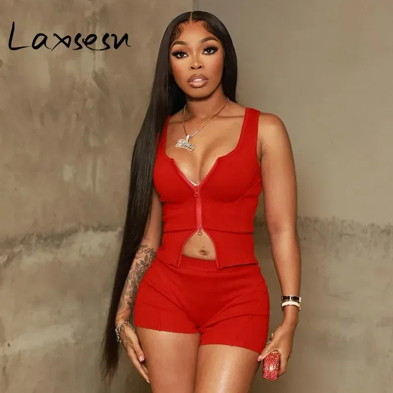

Laxsesu, модный женский комплект для йоги и фитнеса, мини-топы на молнии без рукавов + шорты, 2025 спортивных комплектов из двух предметов, спортивный костюм
