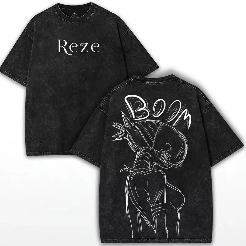 Chainsaw Man Reze Bedrucktes T-Shirt Herrenbekleidung Kurzarm Gewaschenes Baumwoll-T-Shirt Vintage Casual T-Shirt 2026 Sommer T-Shirt