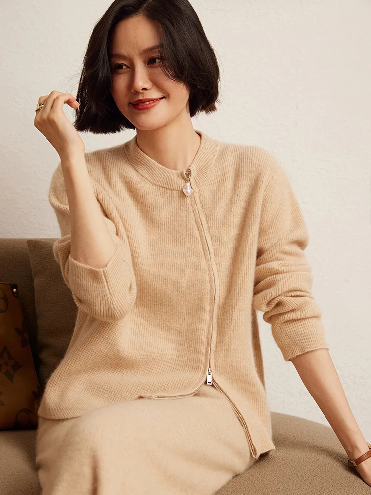 Korean Women’s Cashmere Sweater O-Neck Pullover 100% Cashmere Diagonal Zipper Cardigan Knitted Autumn Winter Thick Warm Clothes