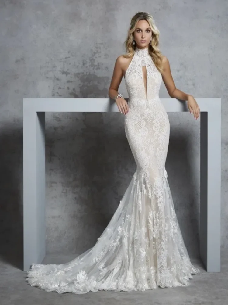 Elegante renda sereia vestido de casamento gola alta cinta decalque vestido de noiva sem mangas fora do ombro cauda longa vestido de noiva personalizado