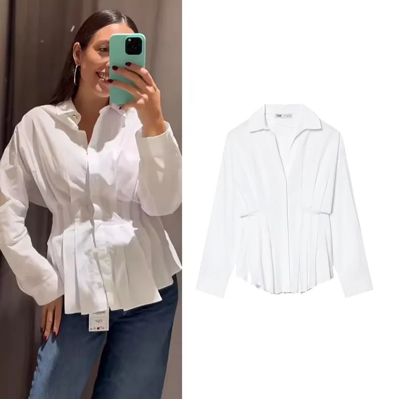 

Женская плиссированная рубашка, повседневная, весна-лето, простая, с V-образным вырезом, длинным рукавом, на пуговицах, однотонная, женские топы, шикарные рубашки и блузки
