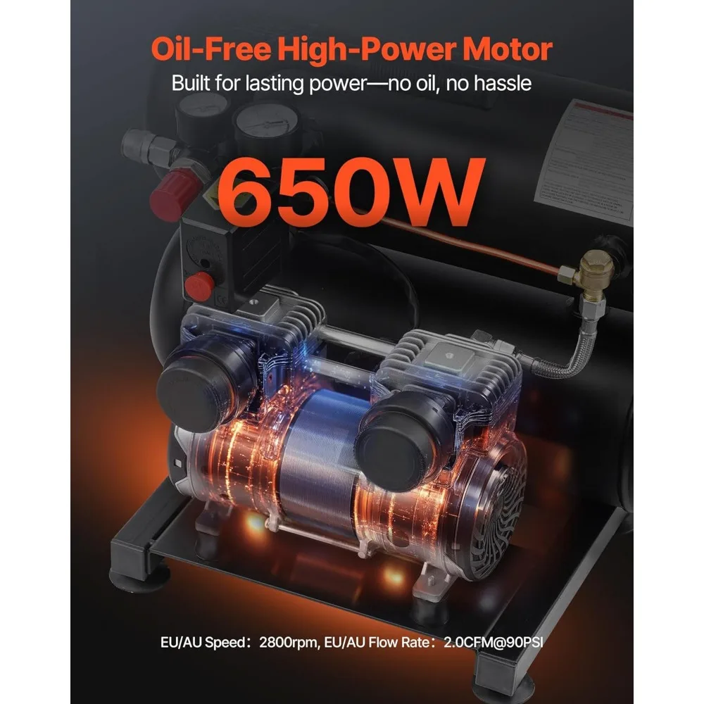 Compressor de ar sem óleo de 1 HP 2,2 CFM com tanque de aço de 4,6 galões, ultra silencioso 80dB, pressão máxima de 120 PSI