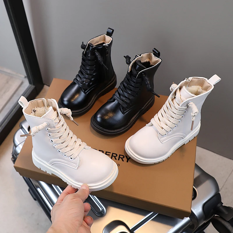 

Boys Girls Plush Lining Leather Boots 2025 New Winter Toddler Warm-lined Riding Boots Non-slip Glossy Classic School Party Boots