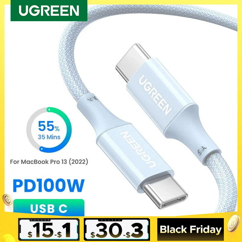 UGREEN 100W USB Cable for MacBook Samsung S21 E-marker Chip 5A Blue Silicone Fast Charging USB C Type C Cable Mobile Phone Cord