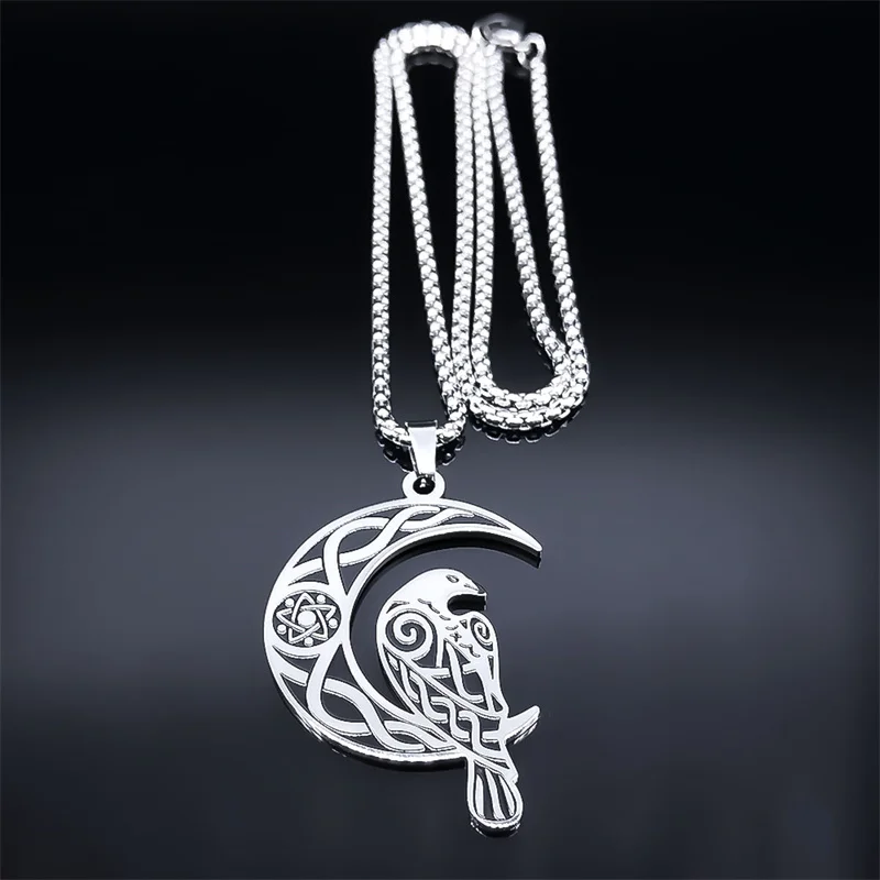 Wicca Crescent Moon Knot Raven Stainless Steel Chain Necklace for Women Men Vintage Odin Crow Necklaces Jewelry collier femme