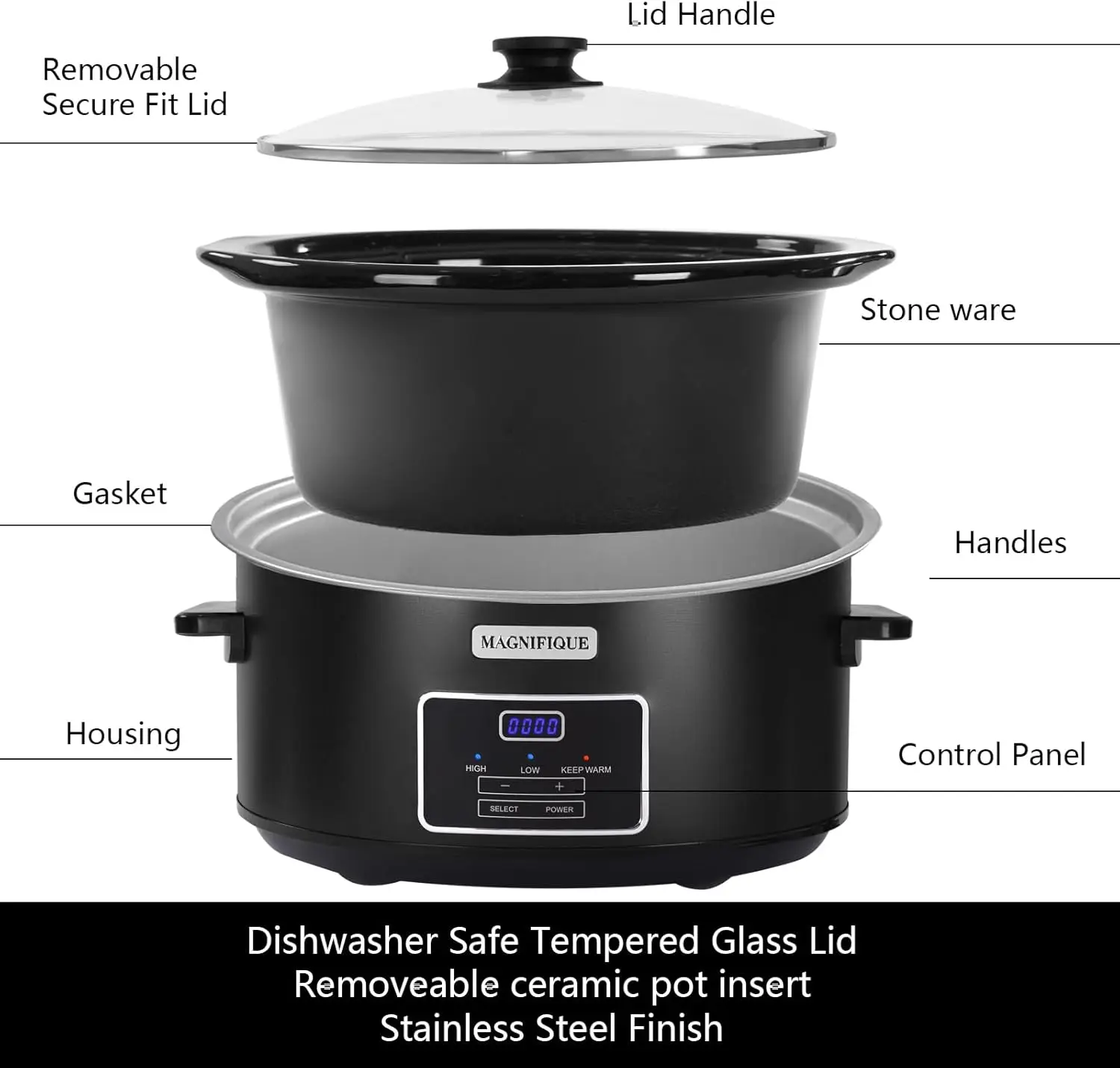 طباخ بطيء قابل للبرمجة سعة 8 لتر من الفولاذ المقاوم للصدأ باللون الأسود فعال لأجهزة الطبخ في المطبخ العائلية