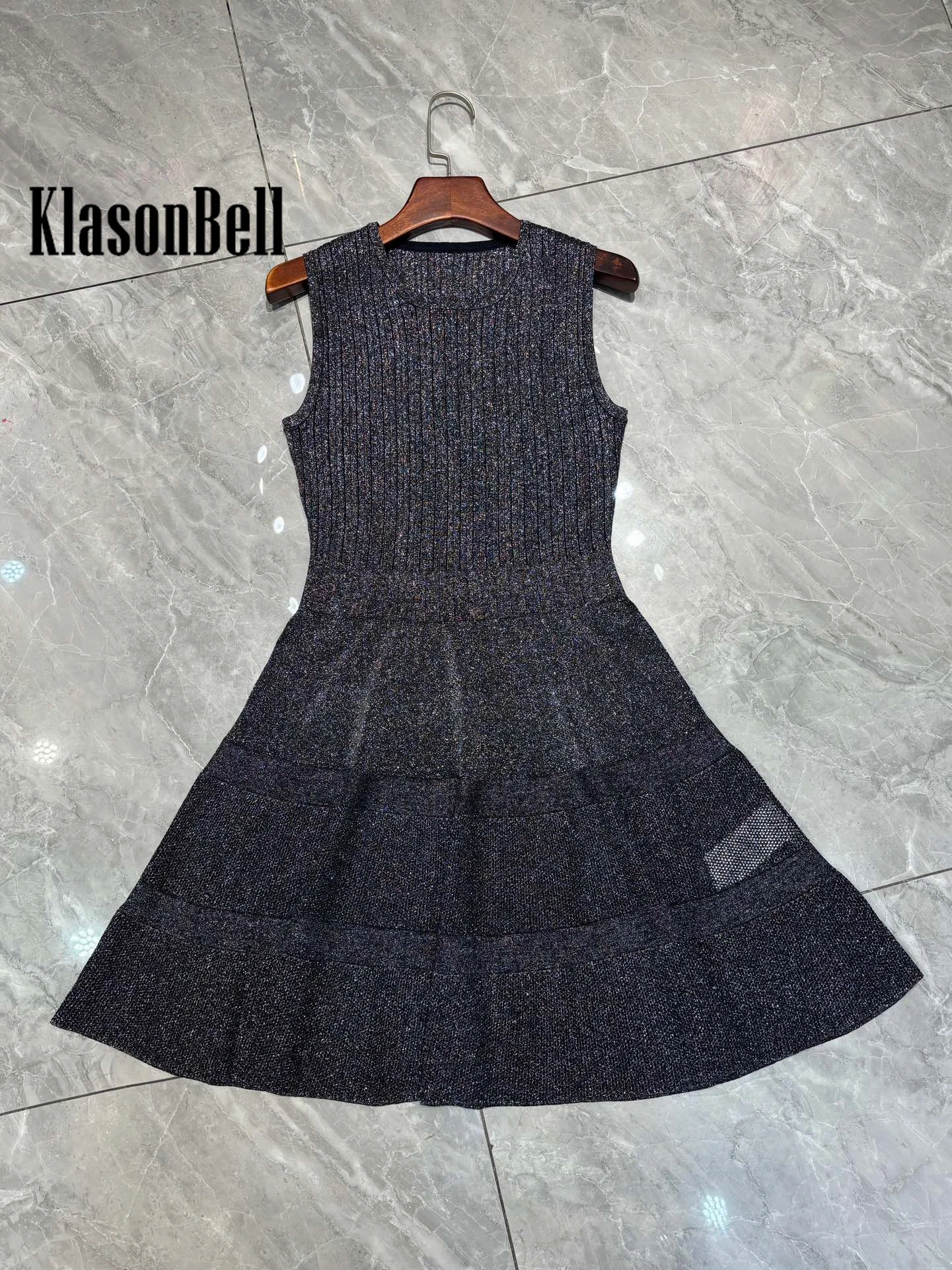 1.21 KlasonBell High Quality Bling Bright Silk Knit O-Neck Tank Dress For Women Sexy Hollow Out Collect Wist Party Short Dress