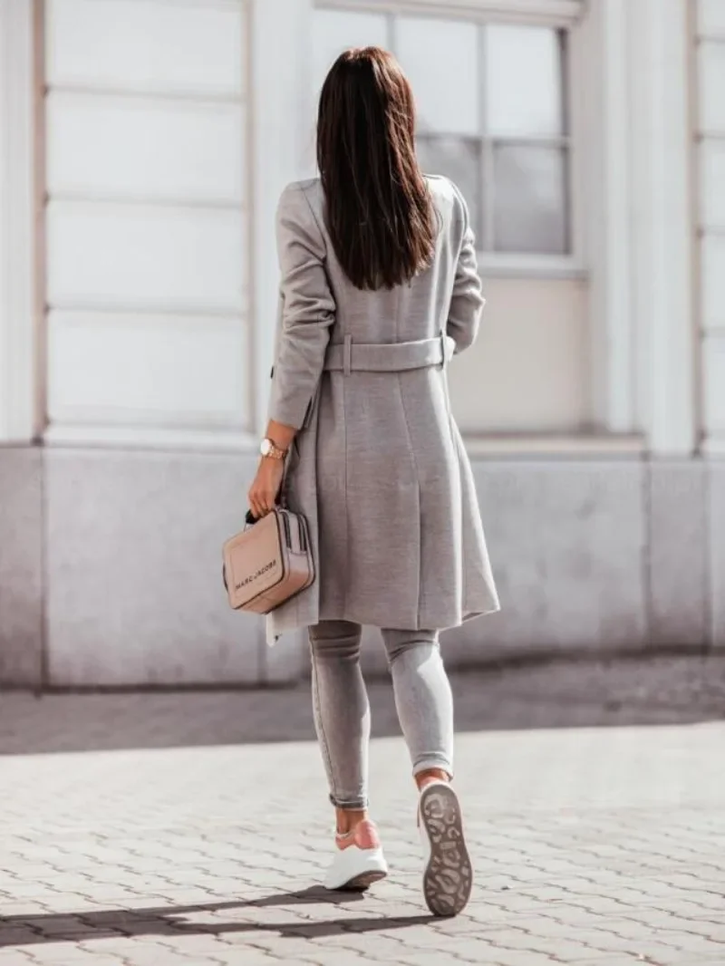 Nuevo Otoño Invierno mujer moda cuello vuelto abrigo largo de lana señoras manga larga Casual chaqueta con botones abrigos de oficina con cinturón